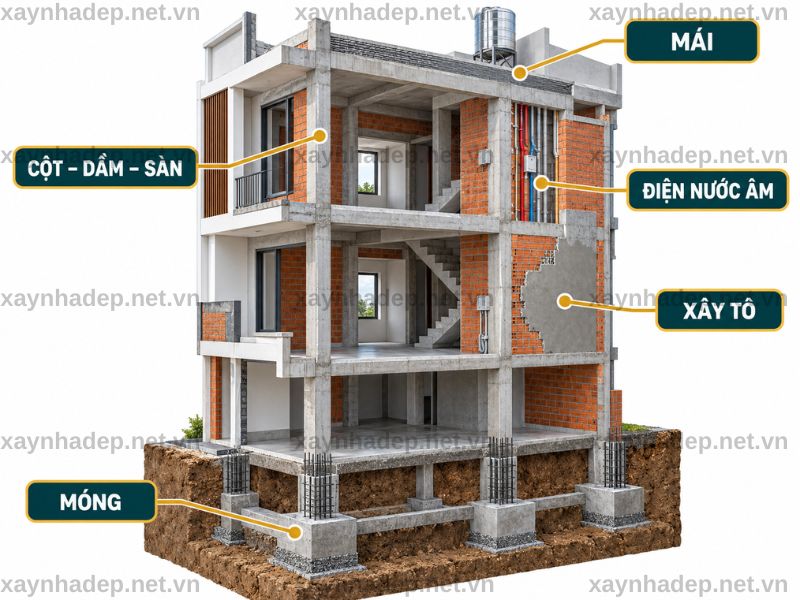 Đơn giá xây nhà phần thô bao gồm móng, kết cấu, xây tô, điện nước âm và mái