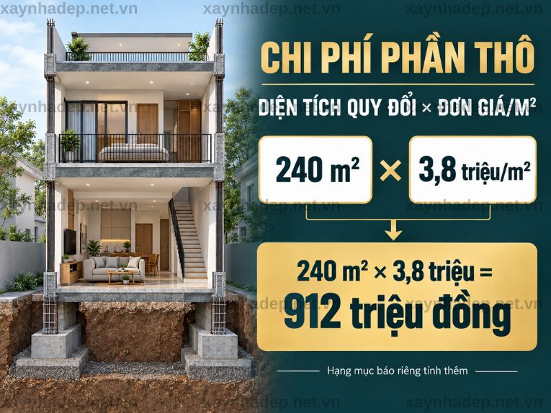 Chi phí xây nhà phần thô bằng diện tích quy đổi nhân đơn giá của gói đã chọn