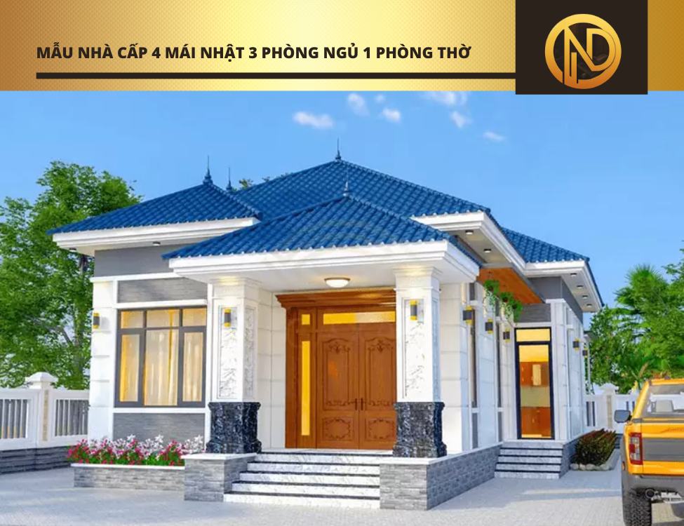 Mẫu nhà cấp 4 mái Nhật 3 phòng ngủ 1 phòng thờ