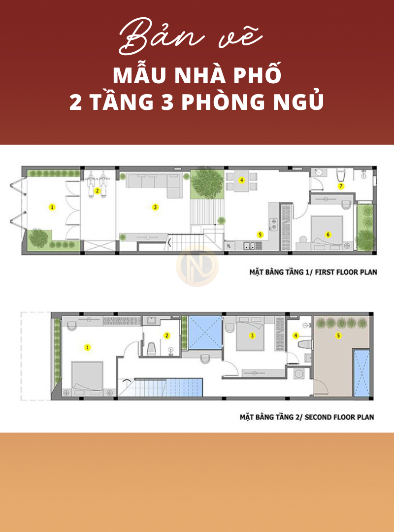 Bản vẽ nhà phố 2 tầng 3 phòng ngủ