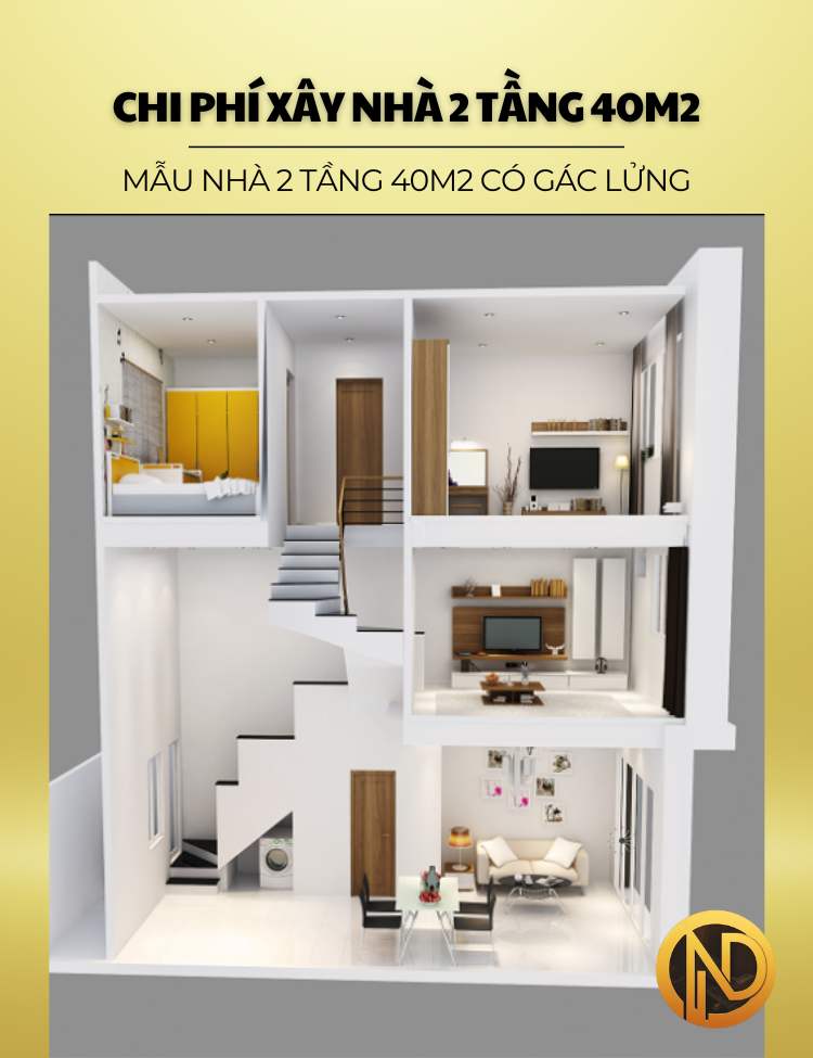 Mẫu nhà 2 tầng 40m2 có gác lửng