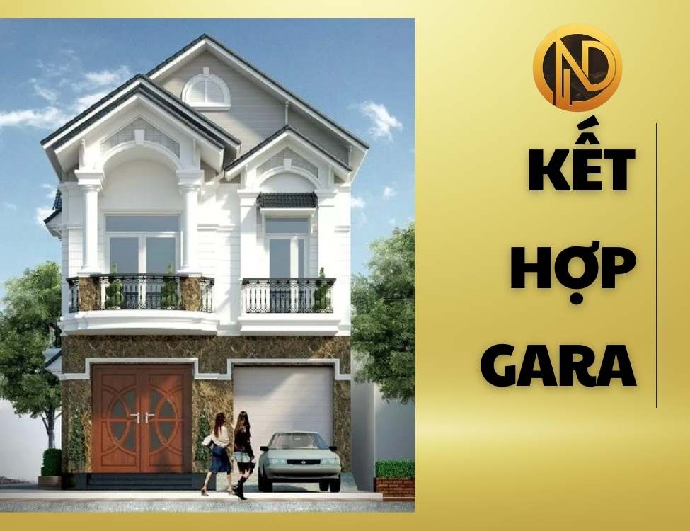 Nhà 2 tầng mái thái kết hợp gara ô tô.