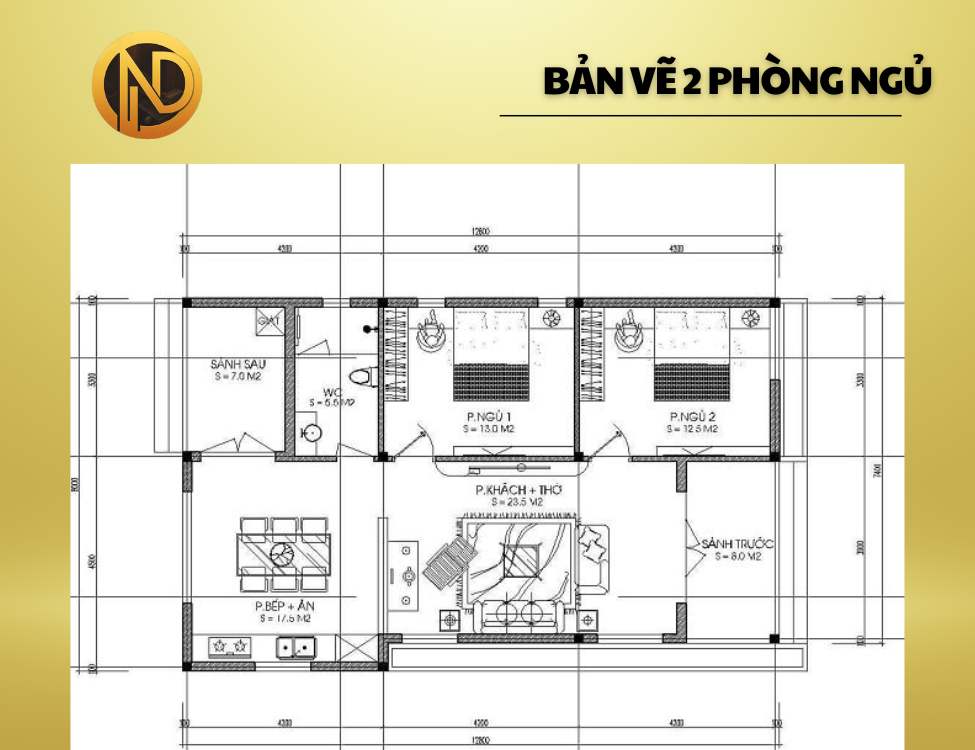 Bản vẽ nhà cấp 4 mái Thái 100m2 2 phòng ngủ