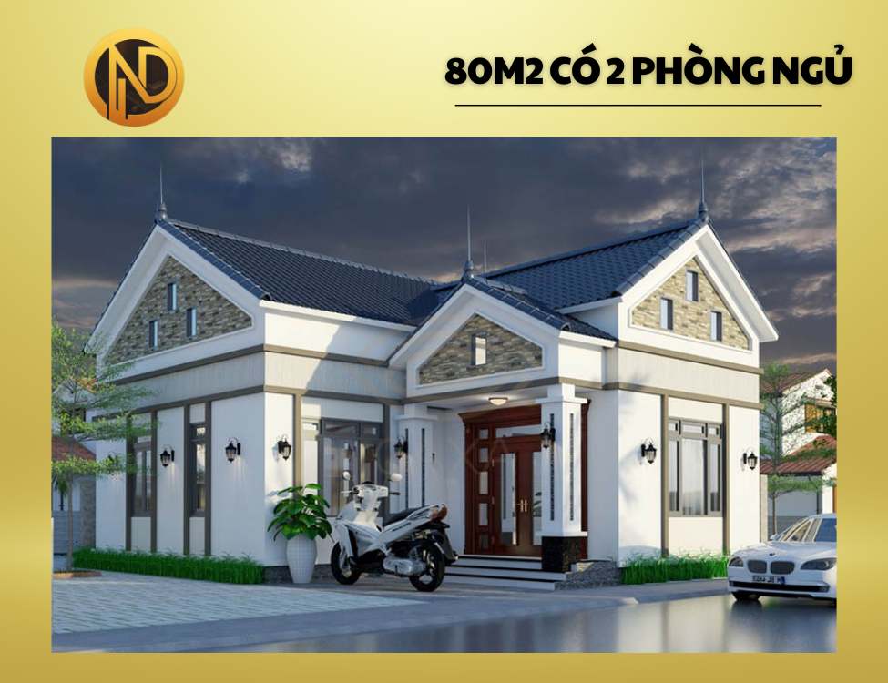 Mẫu nhà cấp 4 mái Thái chữ L 2 phòng ngủ 80m2