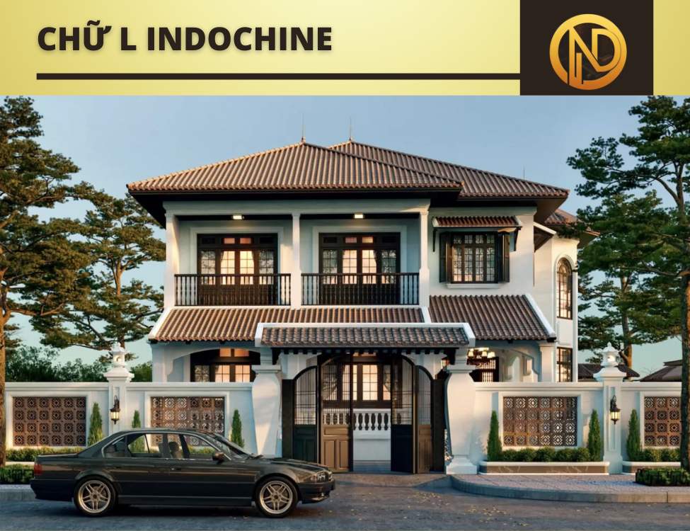 thiết kế nhà mái nhật 2 tầng 5 phòng ngủ chữ L phong cách Indochine