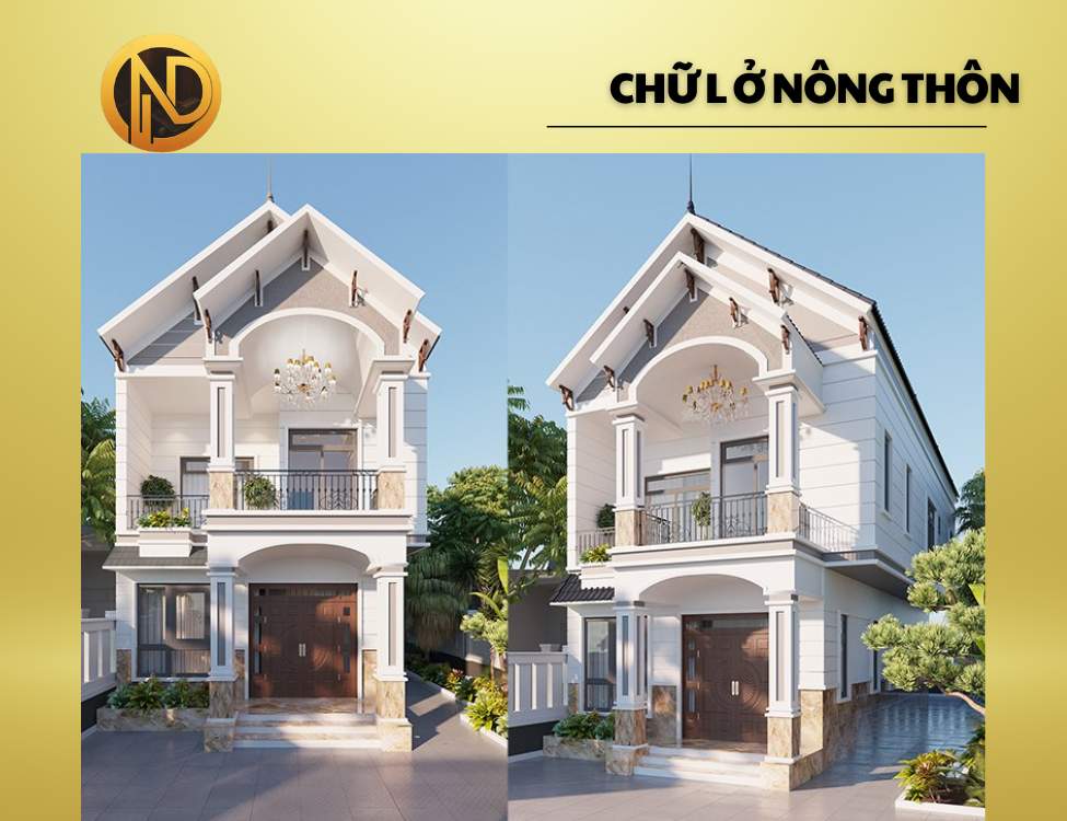 Mẫu nhà mái thái 800 triệu 2 tầng hình chữ L ở nông thô