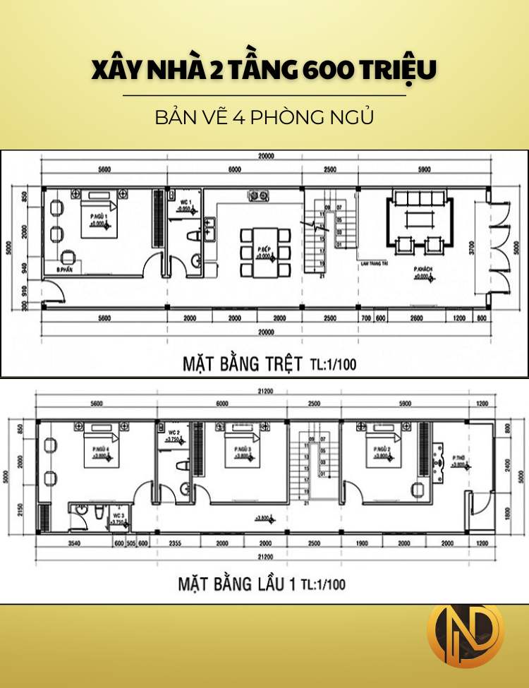 mẫu nhà 600 triệu 2 tầng 4 phòng ngủ