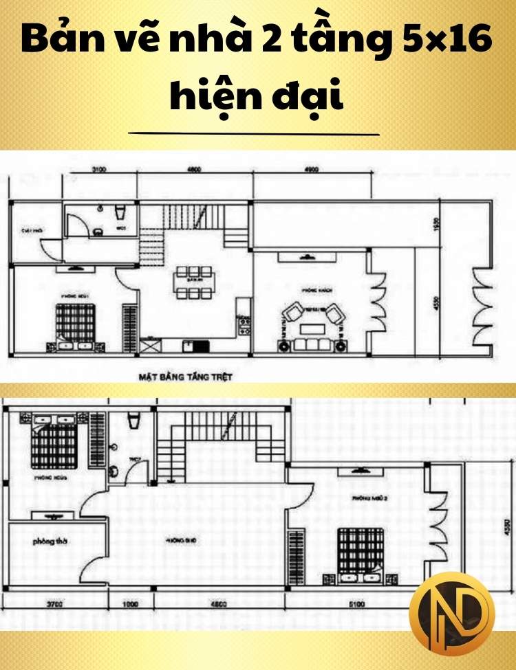 Bản vẽ nhà 2 tầng 5×16 hiện đại