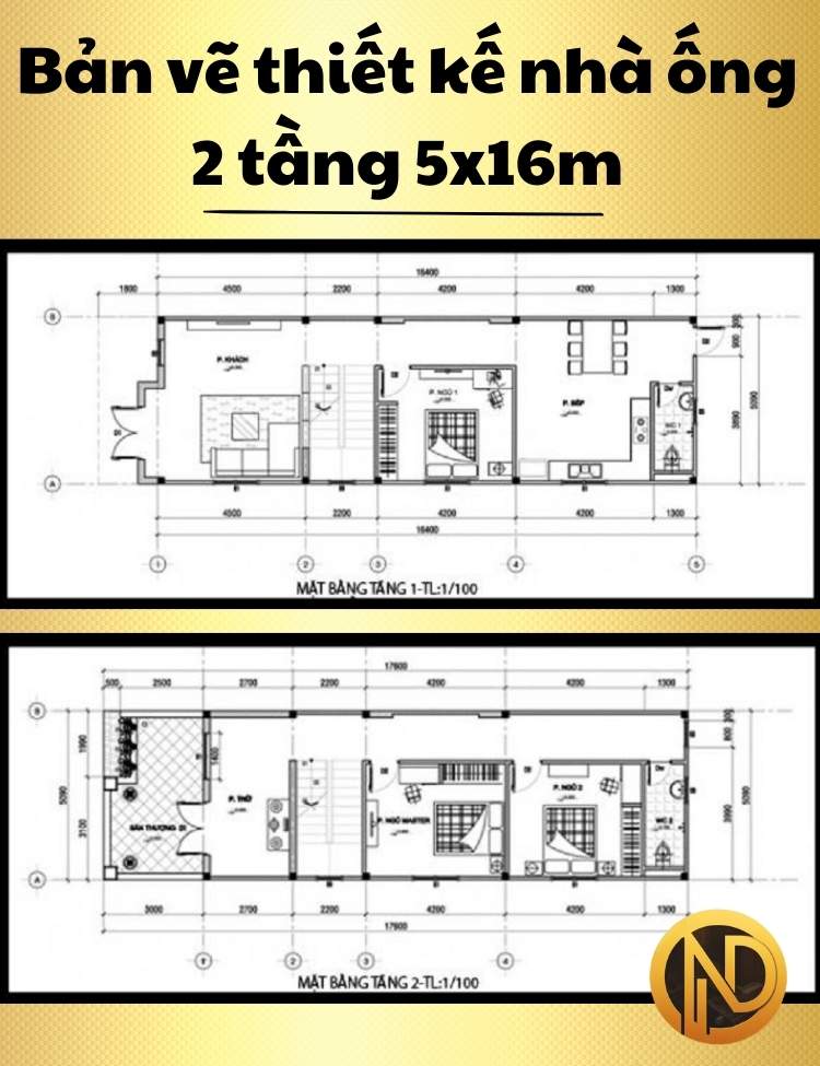 Bản vẽ thiết kế nhà ống 2 tầng 5x16m