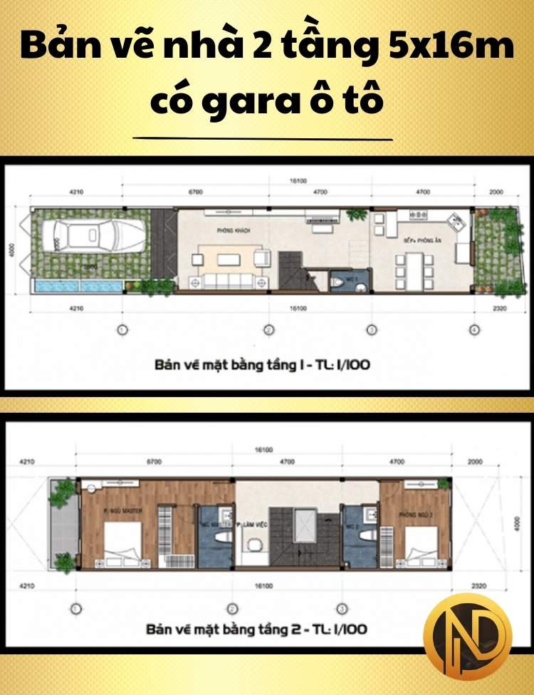 Bản vẽ nhà 2 tầng 5x16m có gara ô tô