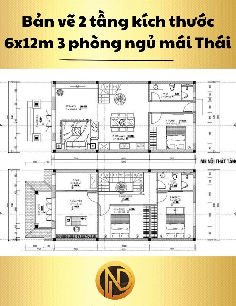 Nhà 2 tầng kích thước 6x12m 3 phòng ngủ mái Thái