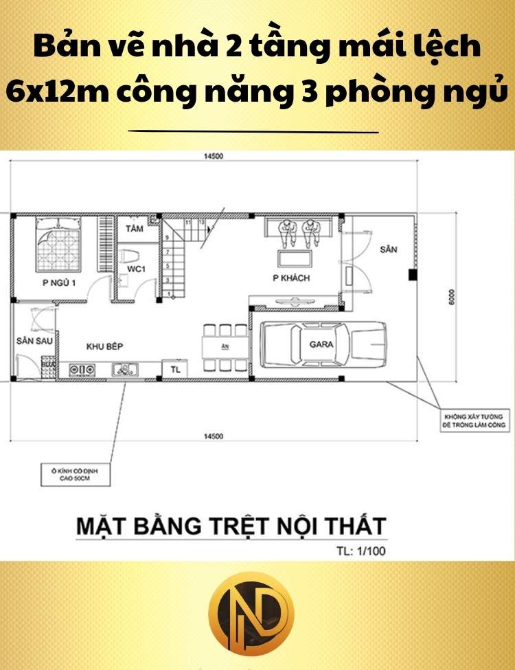 Kiểu nhà 2 tầng mái lệch 6x12m công năng 3 phòng ngủ