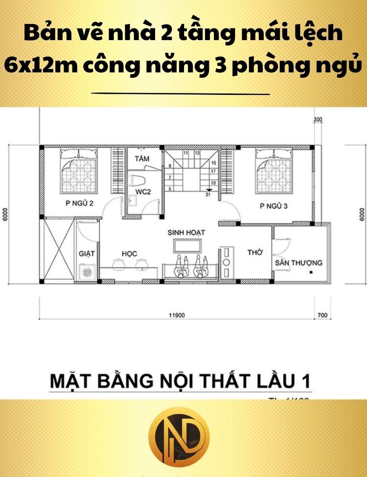 Kiểu nhà 2 tầng mái lệch 6x12m công năng 3 phòng ngủ