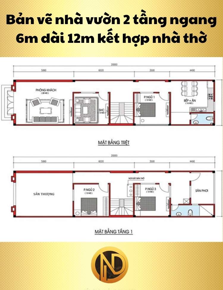 Nhà vườn 2 tầng ngang 6m, dài 12m kết hợp nhà thờ