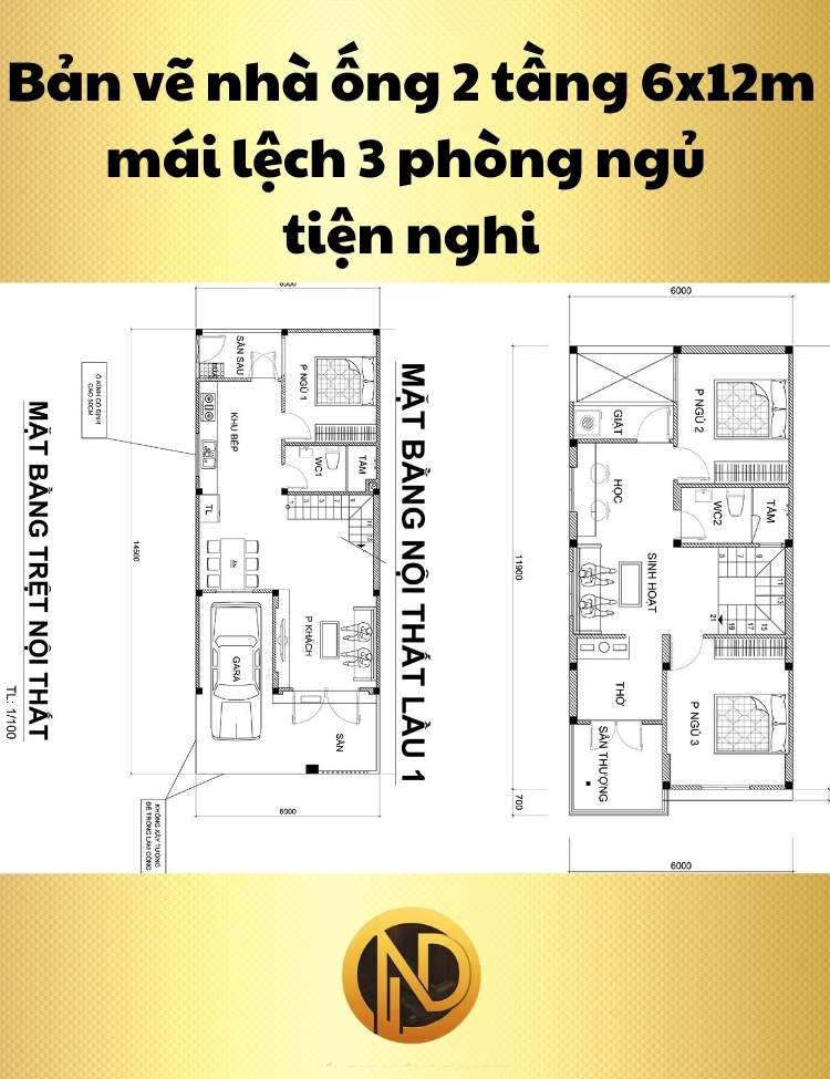 Mẫu nhà ống 2 tầng 6x12m mái lệch 3 phòng ngủ tiện nghi