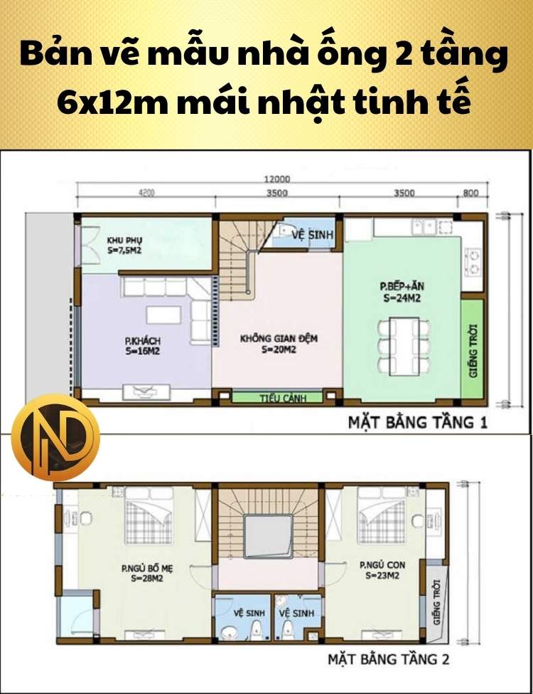 Mẫu nhà ống 2 tầng 6x12m mái nhật tinh tế