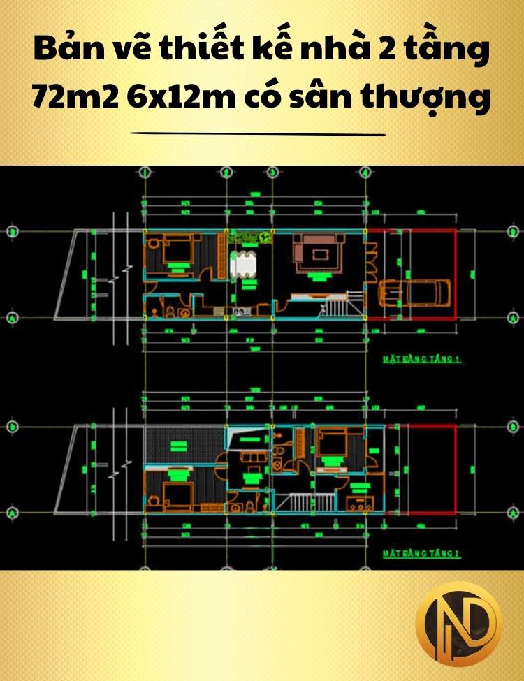 Thiết kế nhà 2 tầng 72m2 6x12m có sân thượng