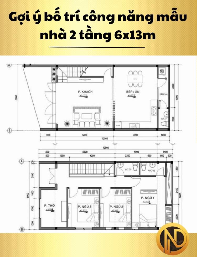 bản vẽ nhà 2 tầng 6x13m