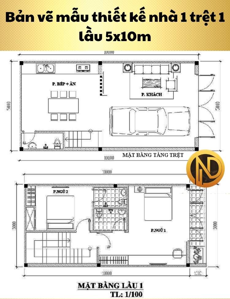 Mẫu thiết kế nhà 1 trệt 1 lầu 5x10m