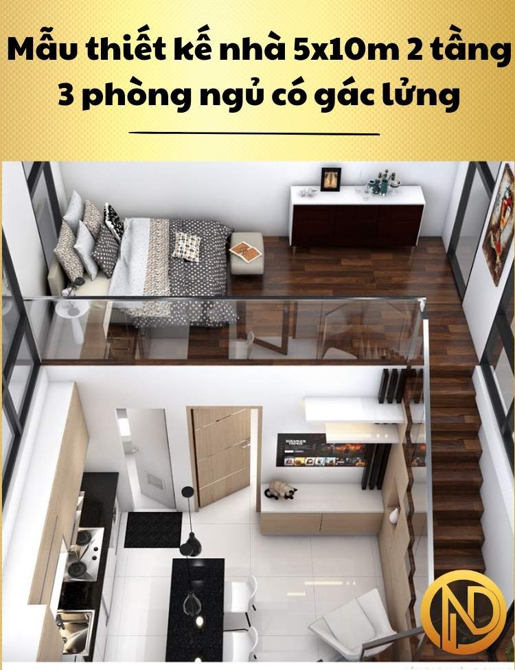 Mẫu thiết kế nhà 5x10m 2 tầng 3 phòng ngủ có gác lửng