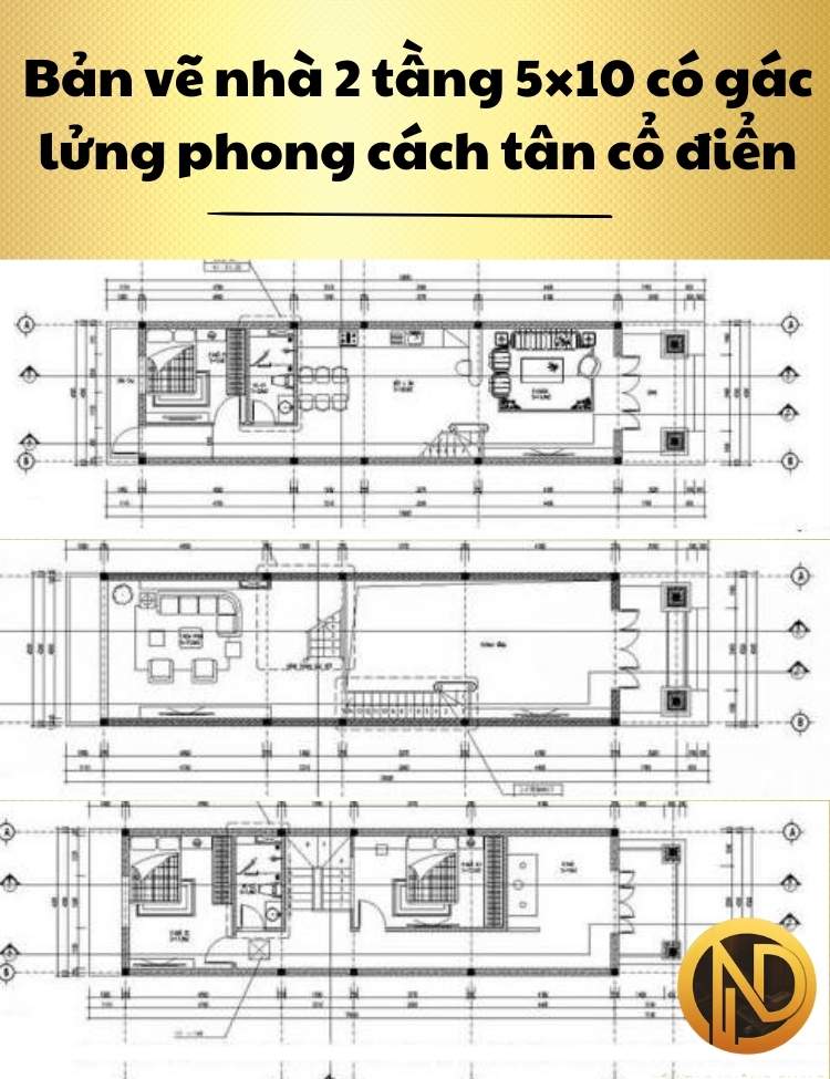 Mẫu nhà 2 tầng 3 phòng ngủ 5×10 có gác lửng phong cách tân cổ điển