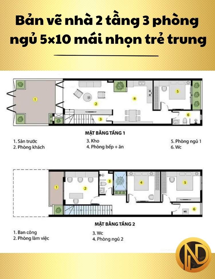 Mẫu nhà 2 tầng 3 phòng ngủ 5×10 mái nhọn trẻ trung