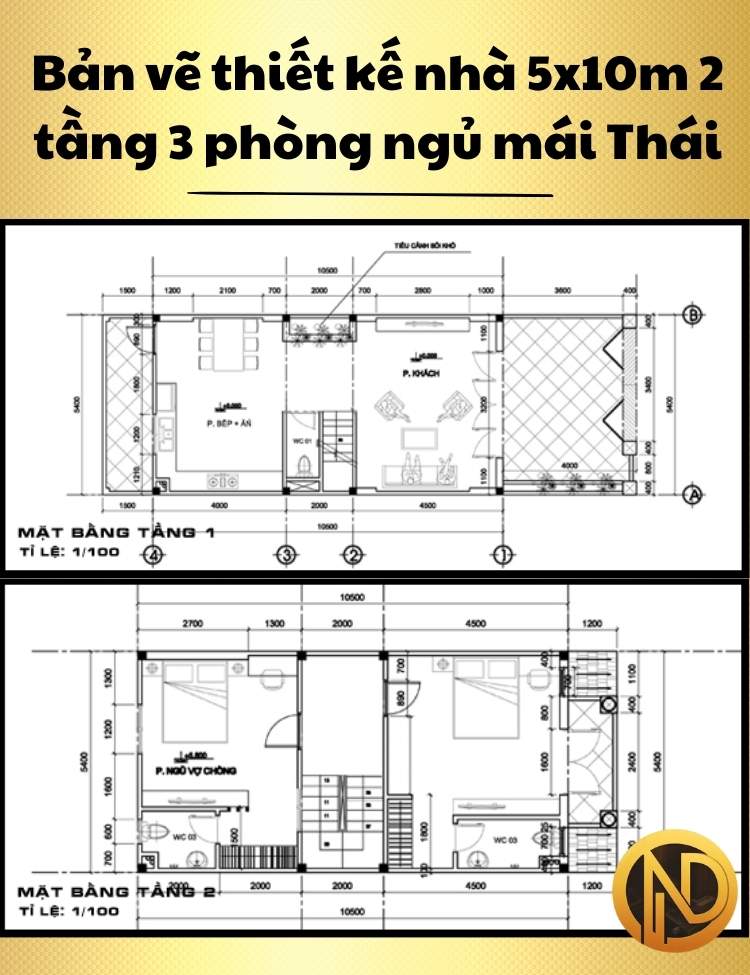 Mẫu thiết kế nhà 5x10m 2 tầng 3 phòng ngủ mái Thái