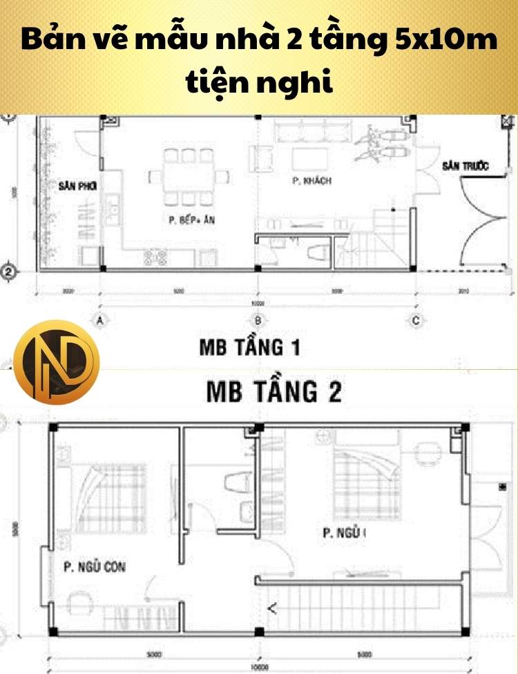 Mẫu thiết kế nhà ống 2 tầng 5x10m