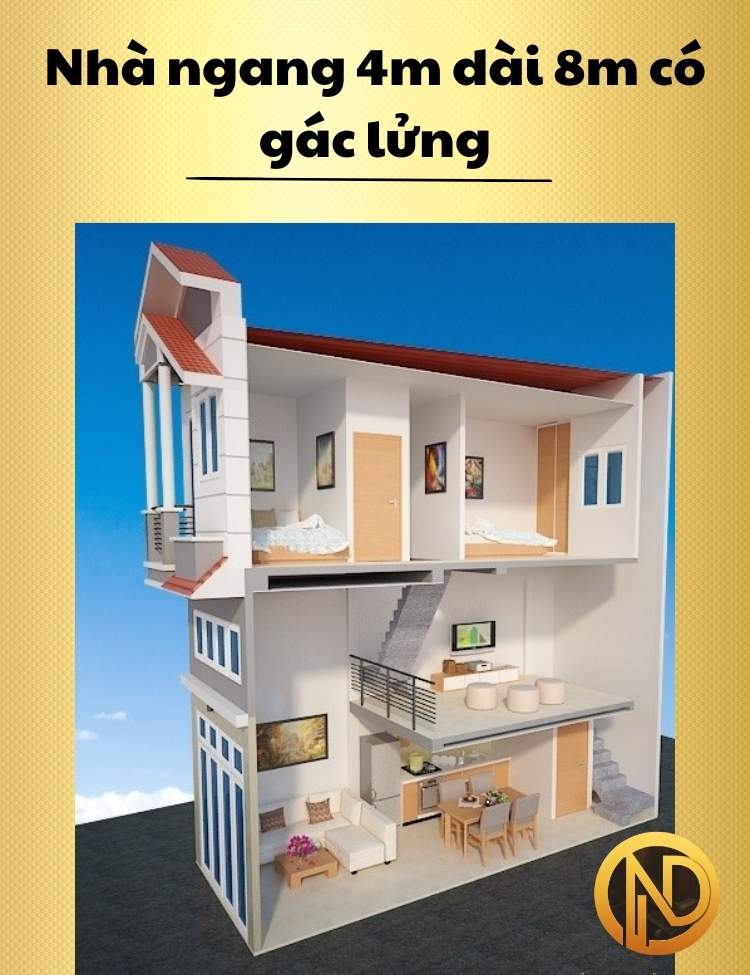 Thiết kế nhà ngang 4m dài 8m có gác lửng