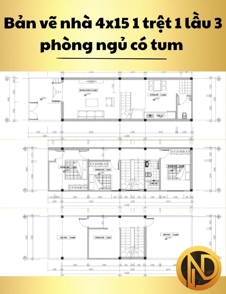 Thiết kế nhà 4x15 1 trệt 1 lầu 3 phòng ngủ có tum với công năng đầy đủ