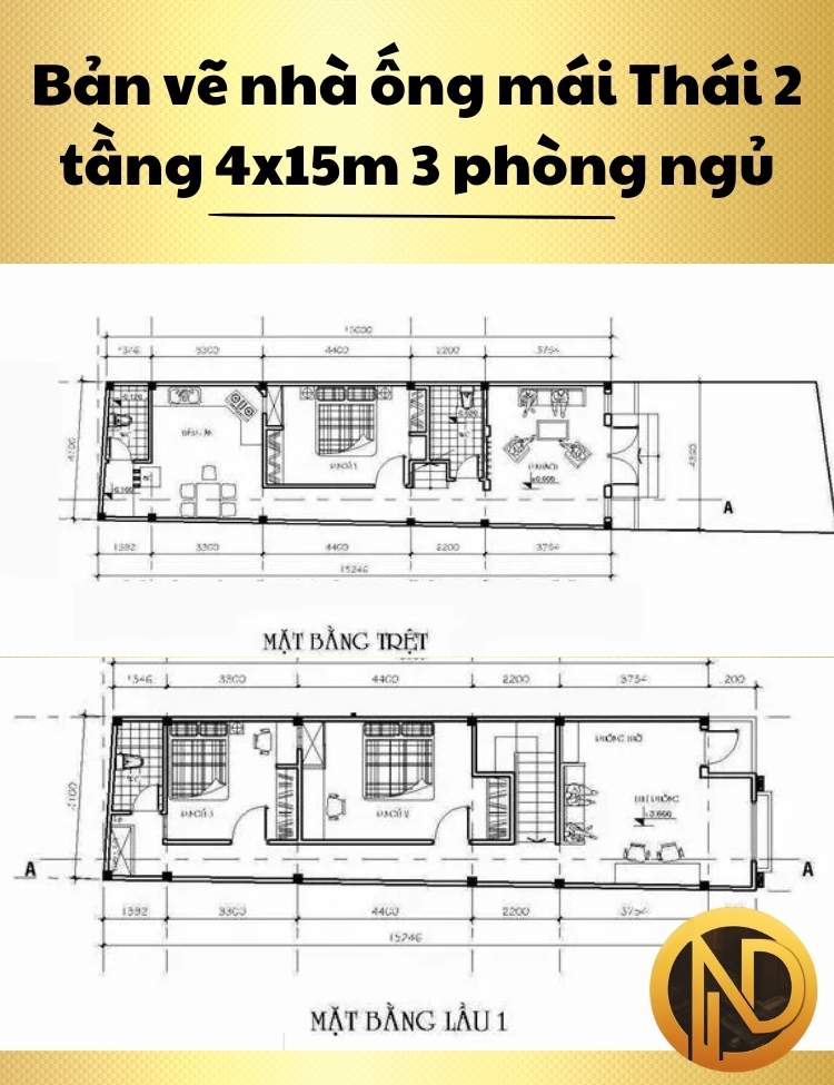 Mẫu nhà ống mái Thái 2 tầng 4x15m 3 phòng ngủ