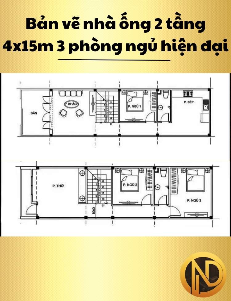 Mẫu nhà ống 2 tầng 4x15m có 3 phòng ngủ hiện đại