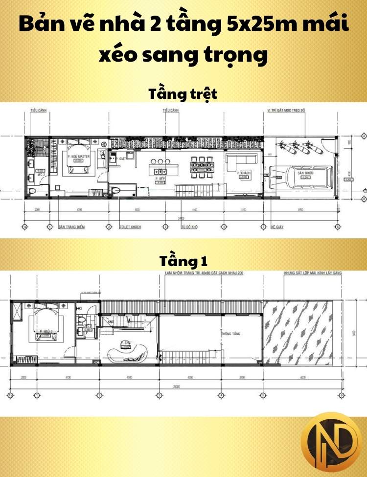 Mẫu nhà 2 tầng 5x25m mái xéo sang trọng