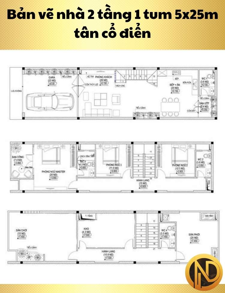 Thiết kế nhà 2 tầng 1 tum 5x25m tân cổ điển