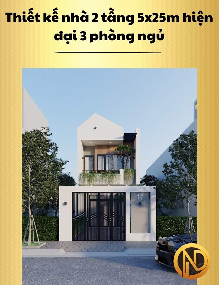 Thiết kế nhà 2 tầng 5x25m hiện đại 3 phòng ngủ