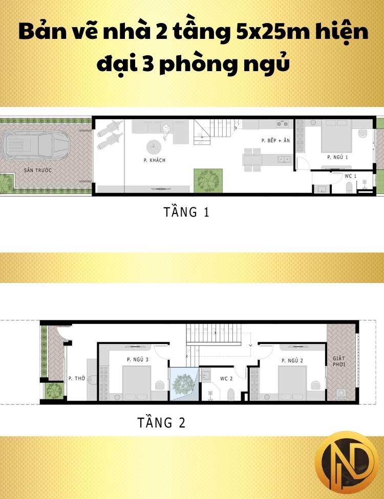 Thiết kế nhà 2 tầng 5x25m hiện đại 3 phòng ngủ