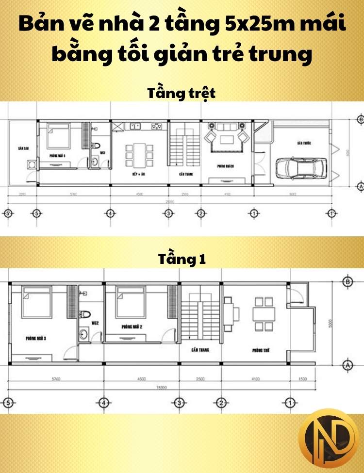 Mẫu nhà 2 tầng 5x25m mái bằng tối giản trẻ trung