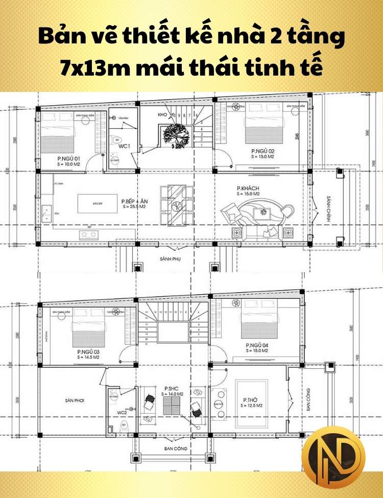 Mẫu thiết kế nhà 2 tầng 7x13m mái thái tinh tế