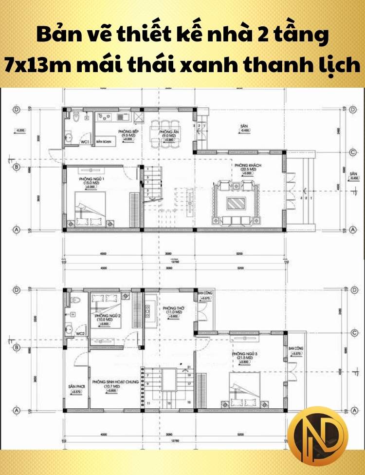 Mẫu thiết kế nhà 2 tầng 7x13m mái thái xanh thanh lịch