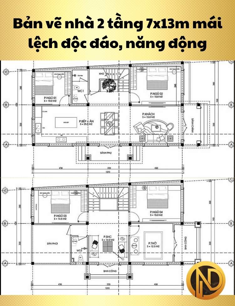 Mẫu nhà 2 tầng 7x13m mái lệch độc đáo, năng động