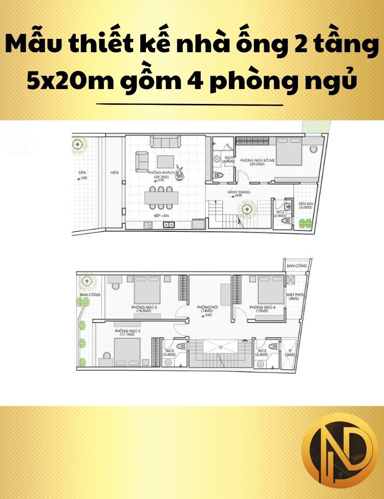 mẫu thiết kế nhà ống 2 tầng 5x20m