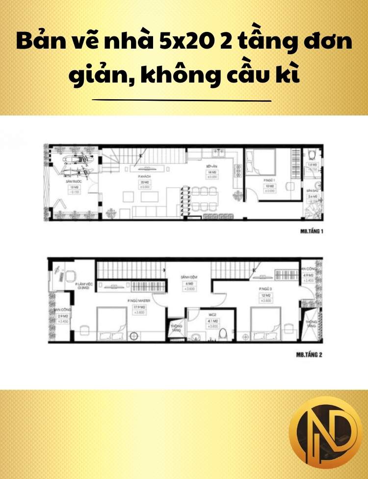 mẫu thiết kế nhà ống 2 tầng 5x20m