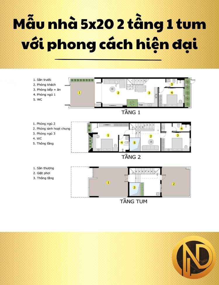 mẫu thiết kế nhà ống 2 tầng 5x20m