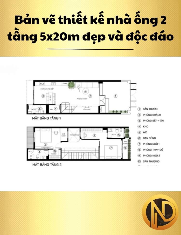 mẫu thiết kế nhà ống 2 tầng 5x20m