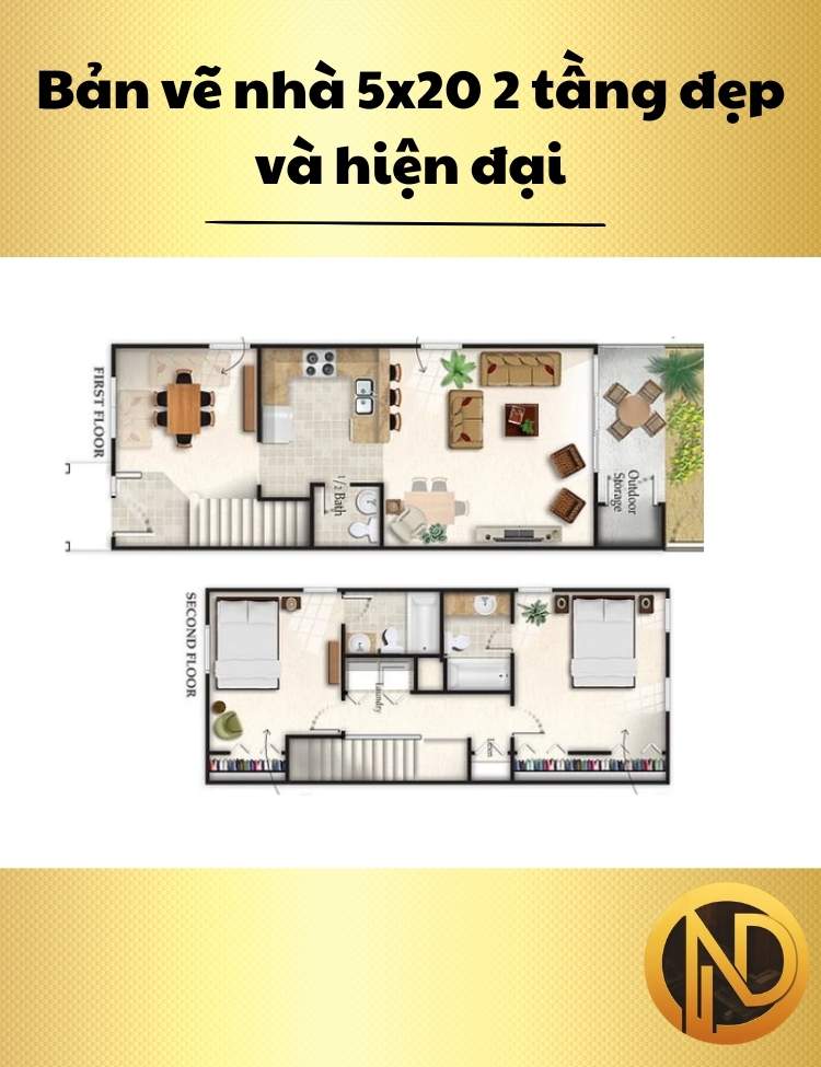 mẫu thiết kế nhà ống 2 tầng 5x20m