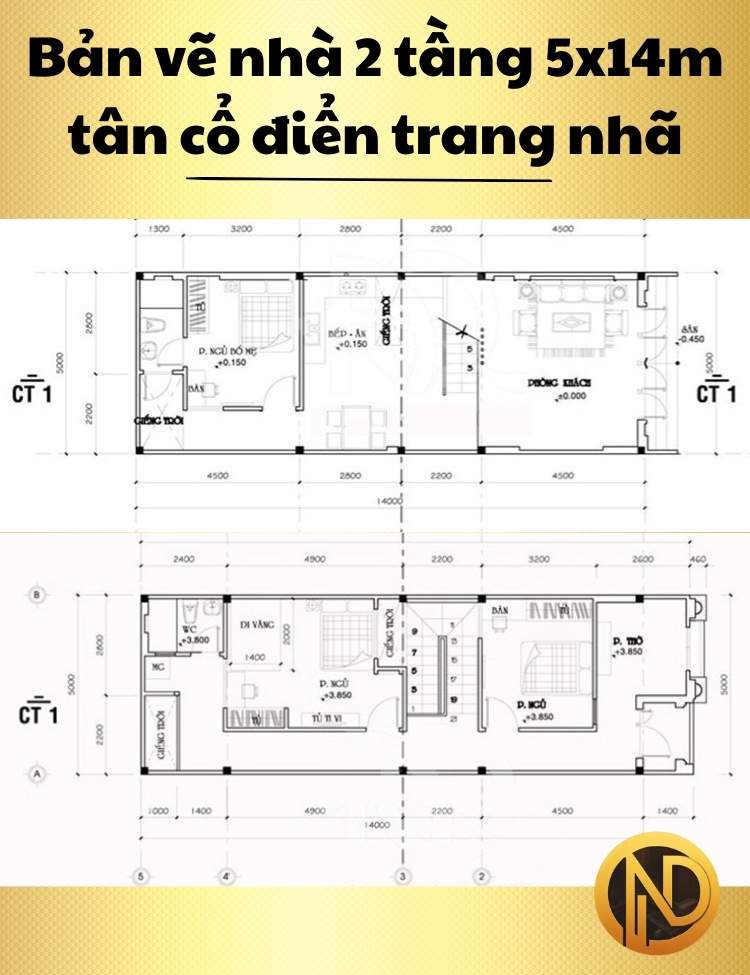 Thiết kế nhà 2 tầng 5x14m tân cổ điển trang nhã