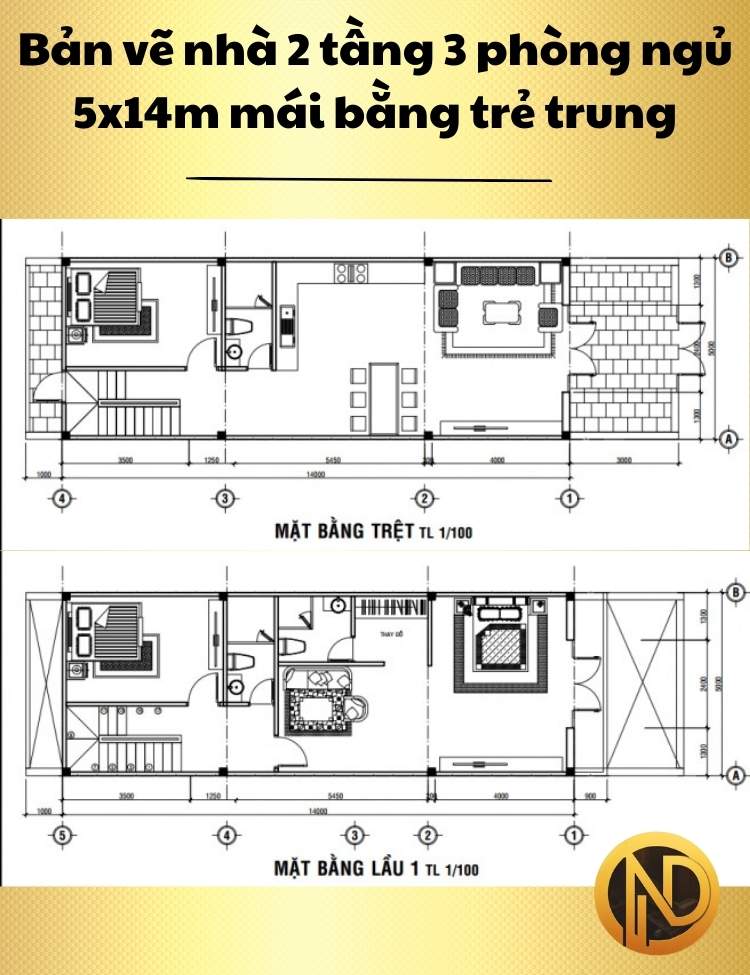 Nhà 2 tầng 3 phòng ngủ 5x14m mái bằng trẻ trung