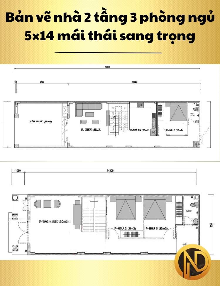 Thiết kế nhà 2 tầng 3 phòng ngủ 5×14 mái thái sang trọng