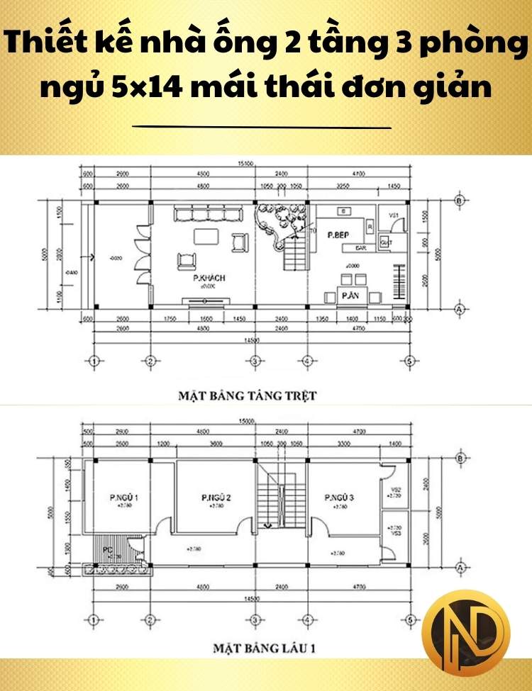 Thiết kế nhà ống 2 tầng 3 phòng ngủ 5×14 mái thái đơn giản