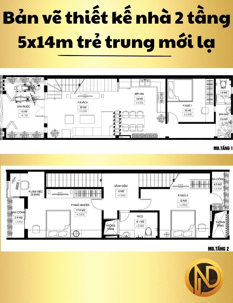 Mẫu thiết kế nhà 2 tầng 5x14m trẻ trung mới lạ